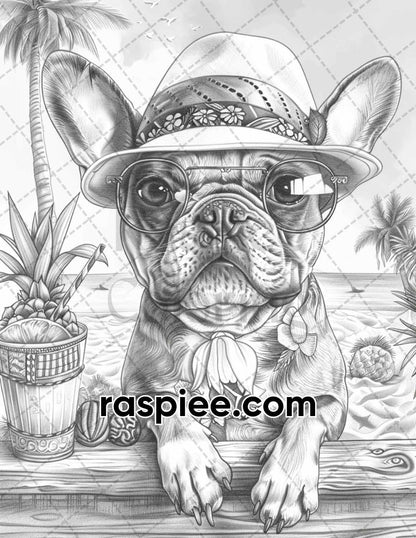 90 Summer Dogs Grayscale Adult Coloring Pages, Printable PDF Instant Download