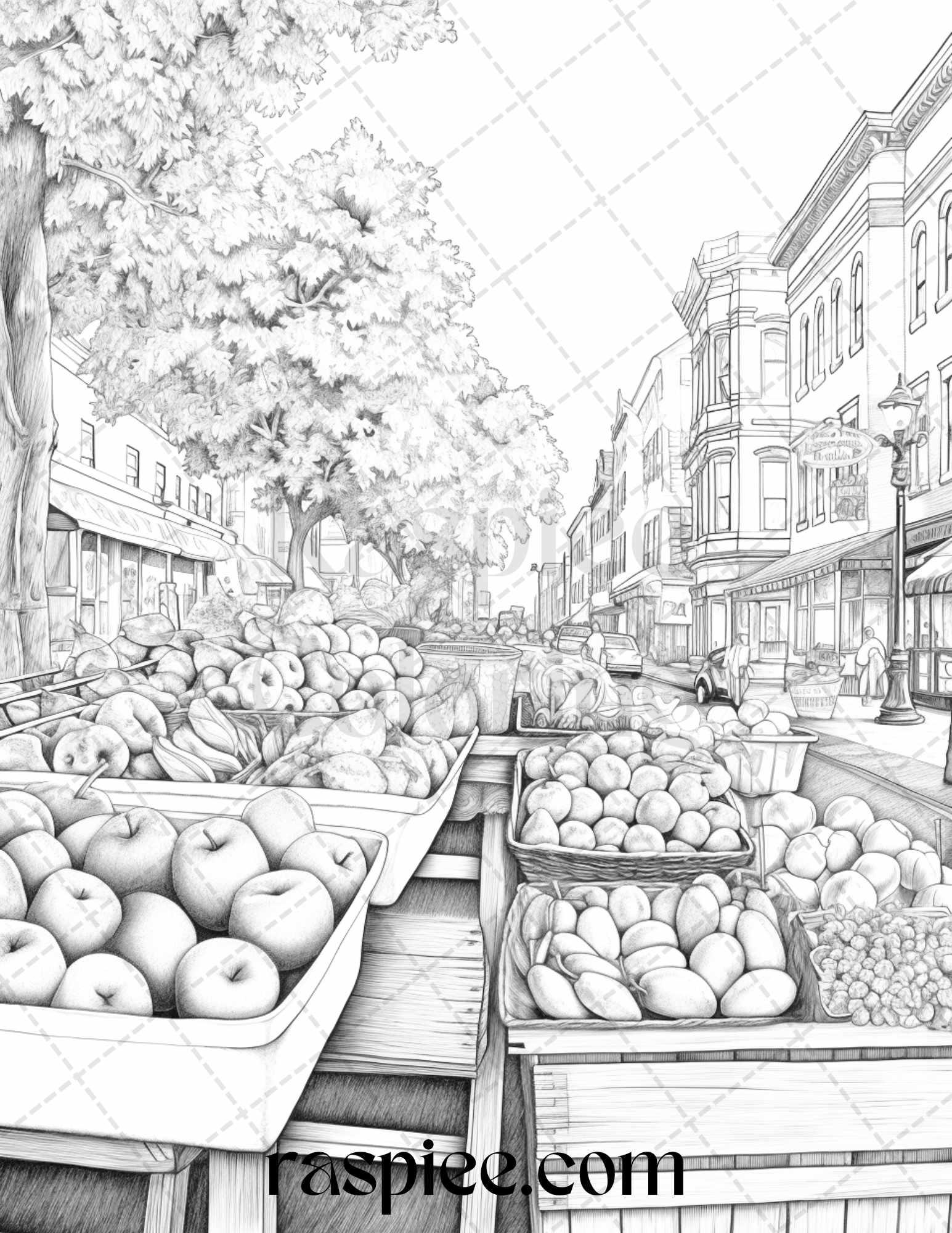 Autumn Street Markets Grayscale Coloring Pages for Adults, Printable PDF File Instant Download