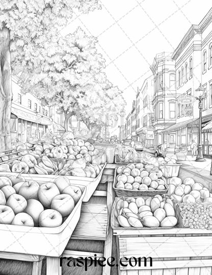 Autumn Street Markets Grayscale Coloring Pages for Adults, Printable PDF File Instant Download