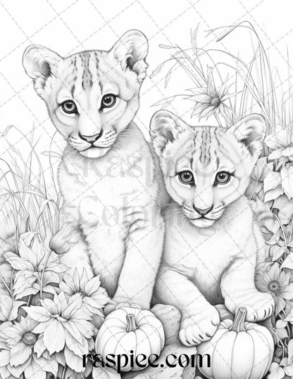 Autumn Animals Grayscale Coloring Pages for Adults and Kids, Printable PDF File Instant Download