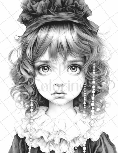 60 Adorable Gothic Girls Grayscale Coloring Pages Printable for Adults, PDF File Instant Download