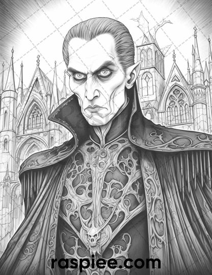 50 Count Dracula Grayscale Coloring Pages Printable for Adults, PDF File Instant Download