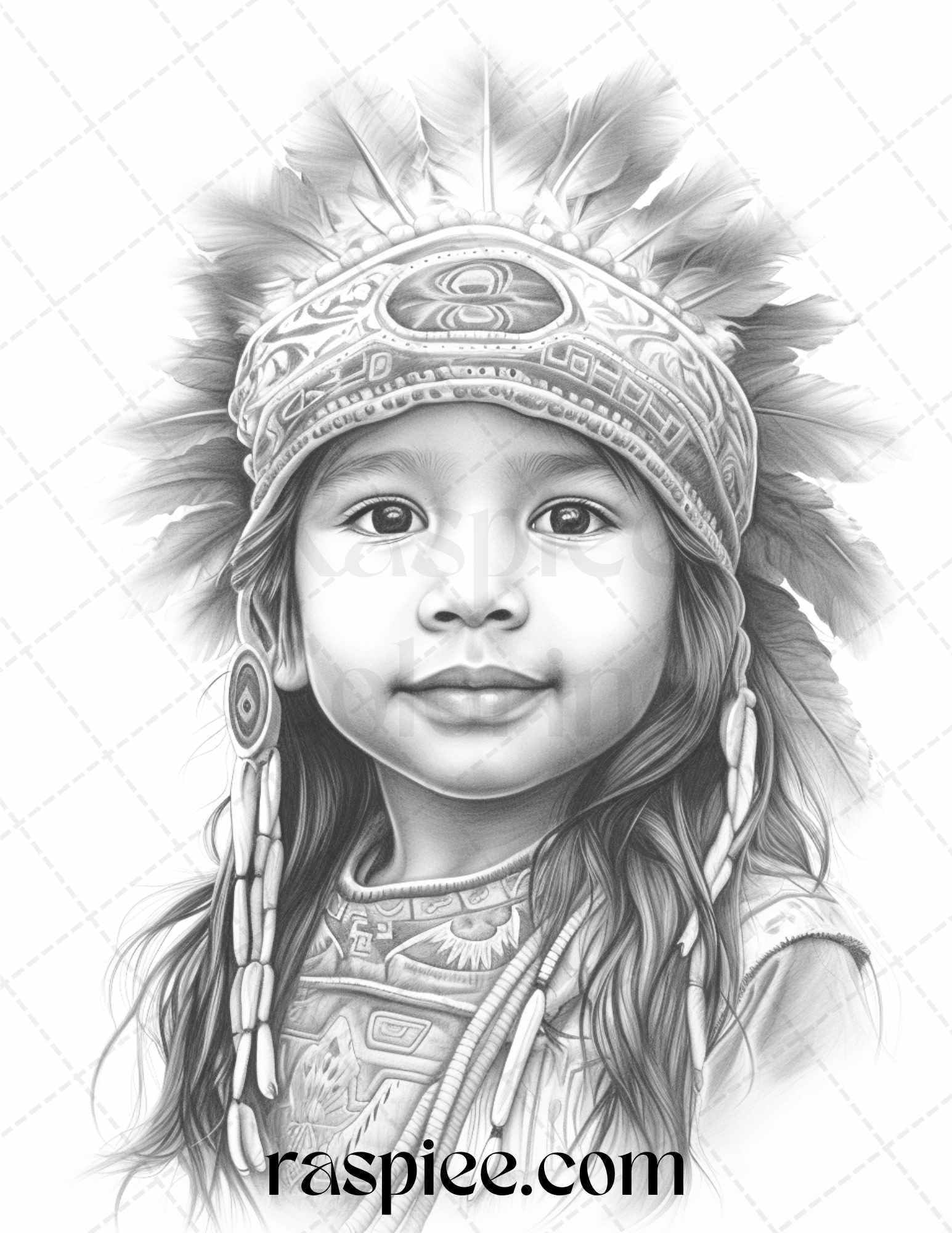 50 Native American Little Girls Boys Grayscale Coloring Pages Printable for Adults Kids, PDF File Instant Download