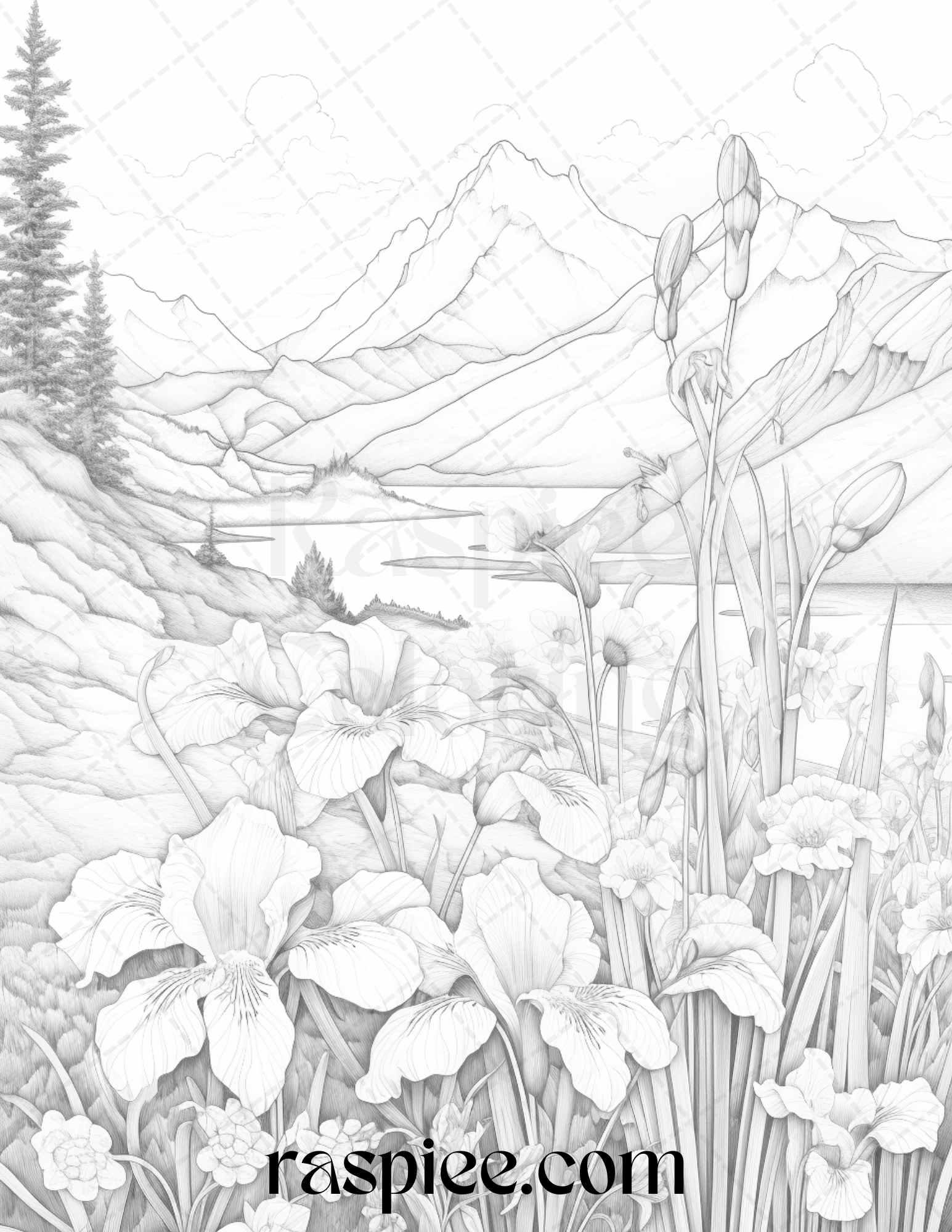 60 Mountain Flower Landscapes Grayscale Coloring Pages Printable for Adults, PDF File Instant Download