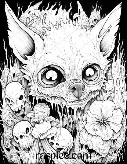 50 Halloween Scary Animals Grayscale Coloring Pages Printable for Adults, PDF File Instant Download