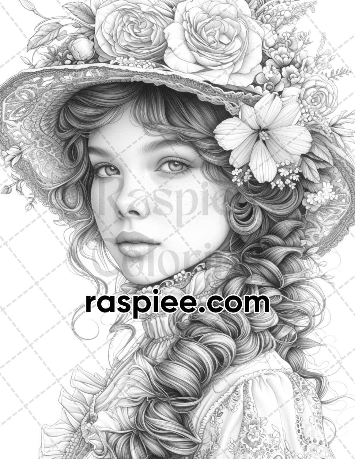 62 Spring Victorian Girl Portraits Grayscale Adult Coloring Pages, Printable PDF Instant Download