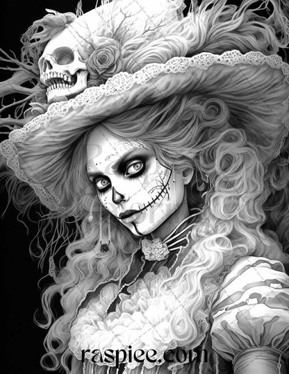60 Halloween Victorian Era Grayscale Coloring Pages Printable for Adults, PDF File Instant Download