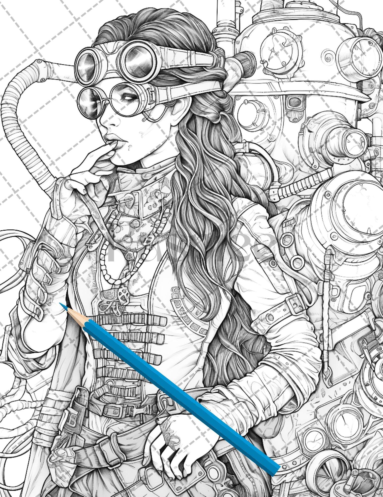 30 Steampunk Girls Coloring Pages Printable for Adults, Victorian Inspired Adult Grayscale Coloring Book, PDF File Download