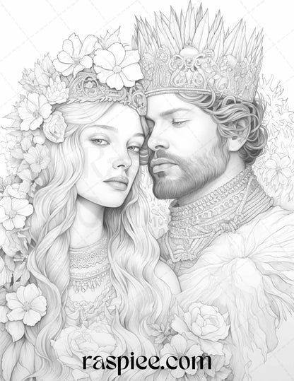 50 Romantic Couple Flowers Grayscale Coloring Pages Printable for Adults, PDF File Instant Download