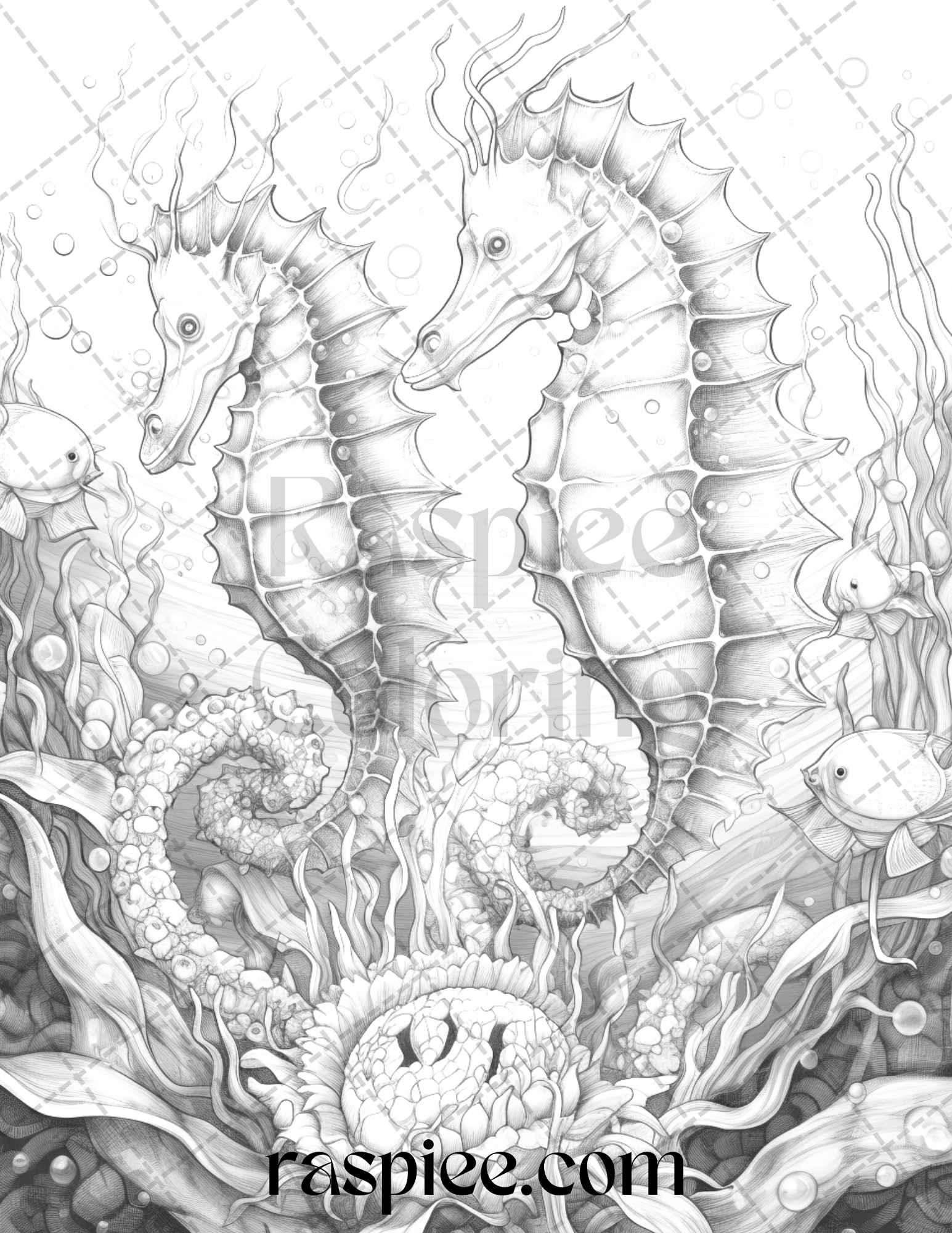 Ocean Life Grayscale Coloring Pages Printable for Adults Relaxation and Creativity, PDF File Instant Download