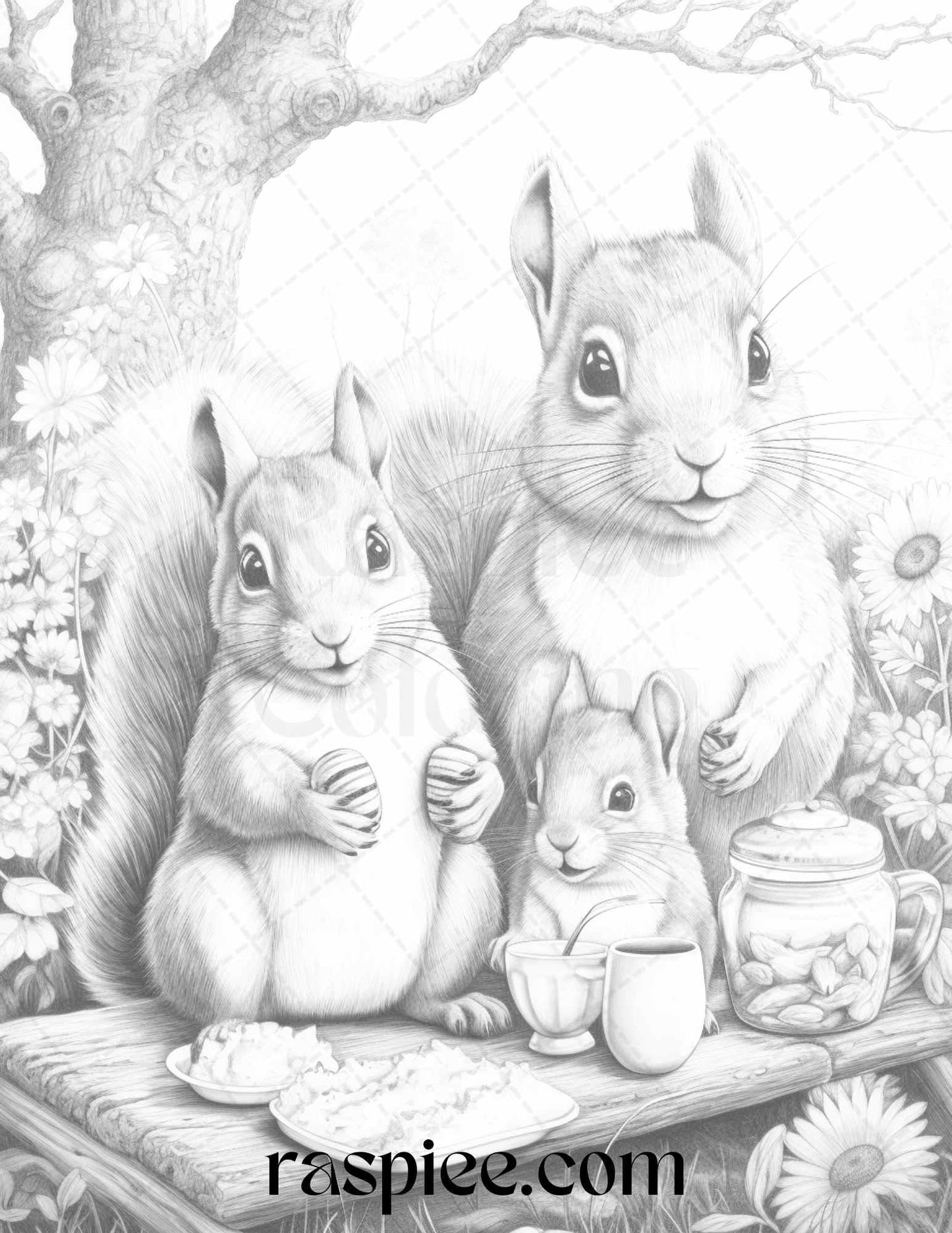 52 Adorable Squirrels Grayscale Coloring Pages Printable for Adults Kids, PDF File Instant Download