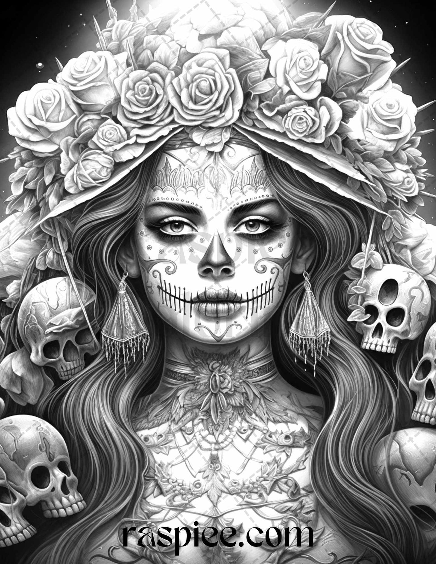 50 Day of the Dead Grayscale Coloring Pages Printable for Adults, PDF File Instant Download