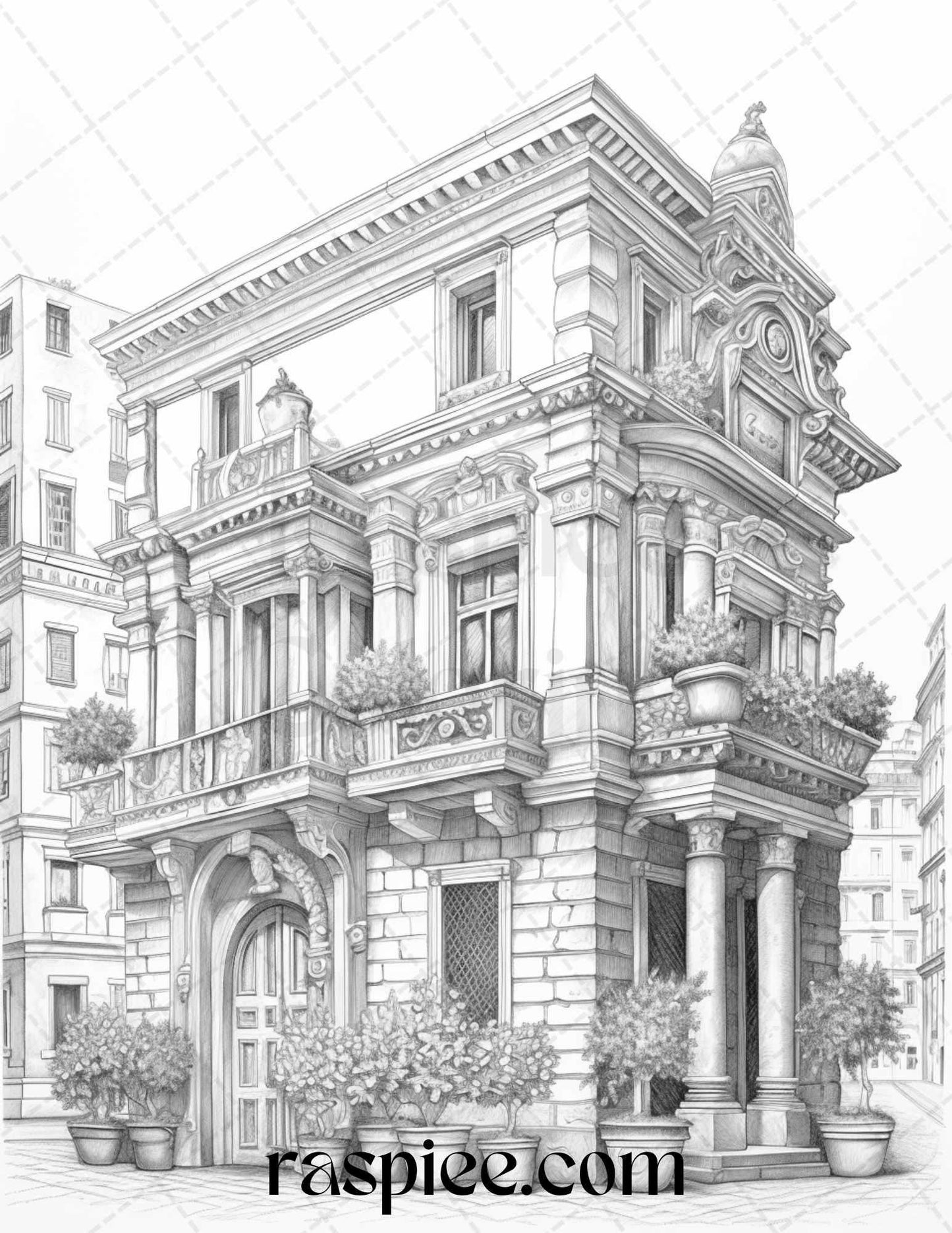 Roman Architecture Grayscale Coloring Pages Printable for Adults, PDF File Instant Download