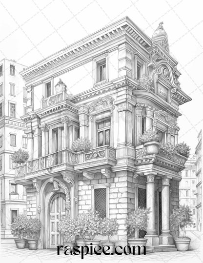 Roman Architecture Grayscale Coloring Pages Printable for Adults, PDF File Instant Download
