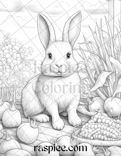 50 Rabbit Garden Grayscale Coloring Pages Printable for Adults, PDF File Instant Download