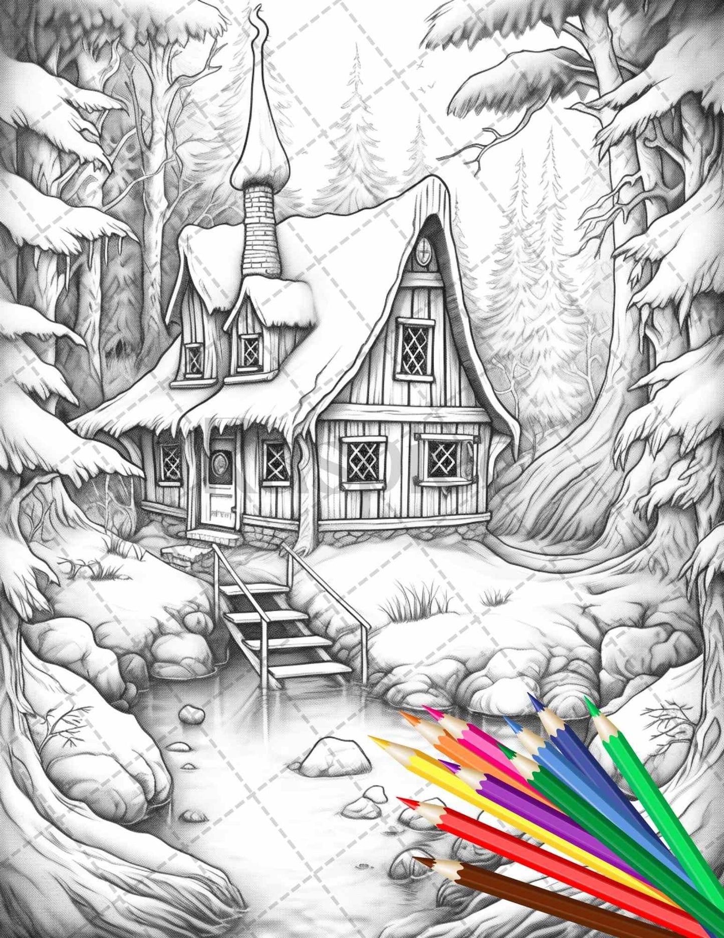 63 Winter Fairy Houses Grayscale Coloring Pages Printable for Adults, PDF File Instant Download