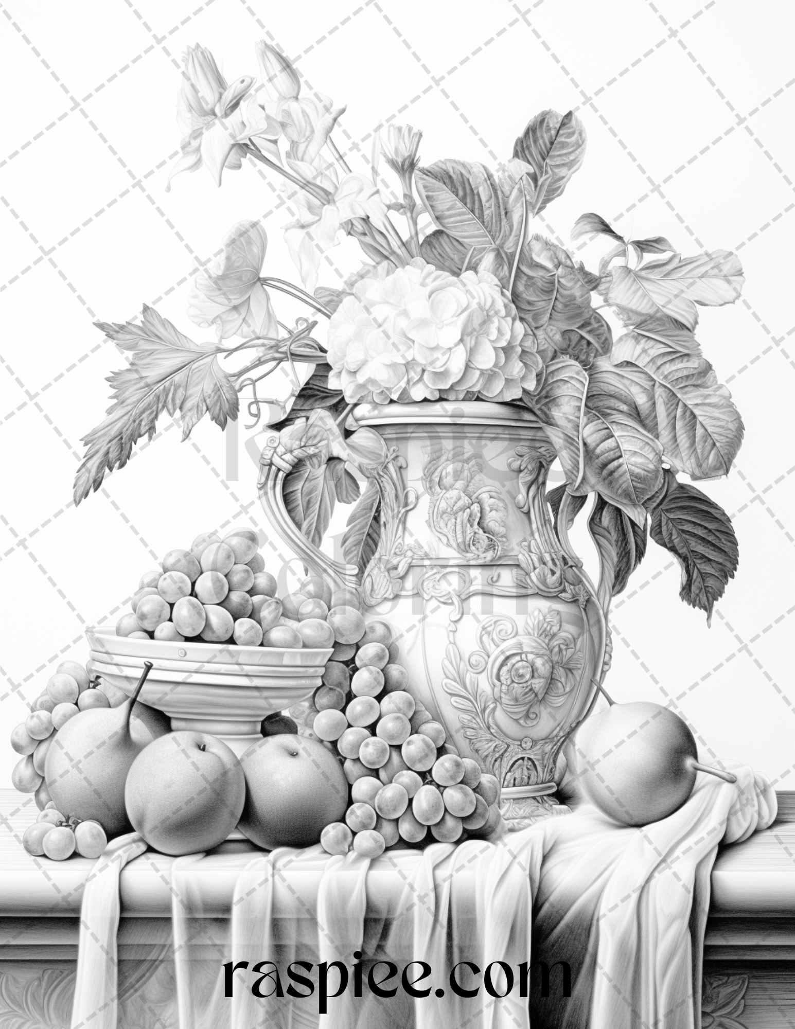 52 Still Life Grayscale Coloring Pages Printable for Adults, PDF File Instant Download