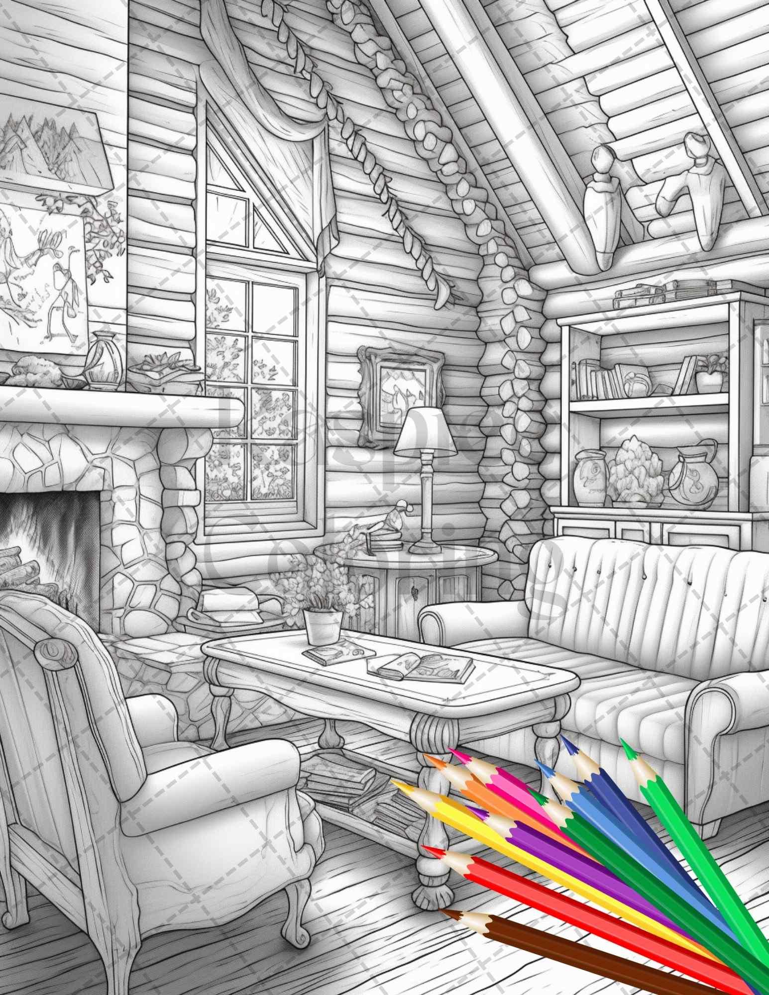 Cozy Cabin Interior Grayscale Coloring Pages Printable for Adults, PDF File Instant Download