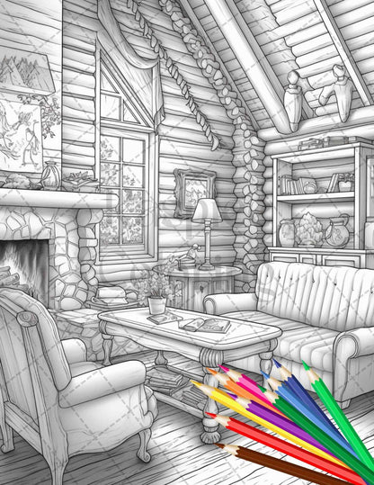 Cozy Cabin Interior Grayscale Coloring Pages Printable for Adults, PDF File Instant Download