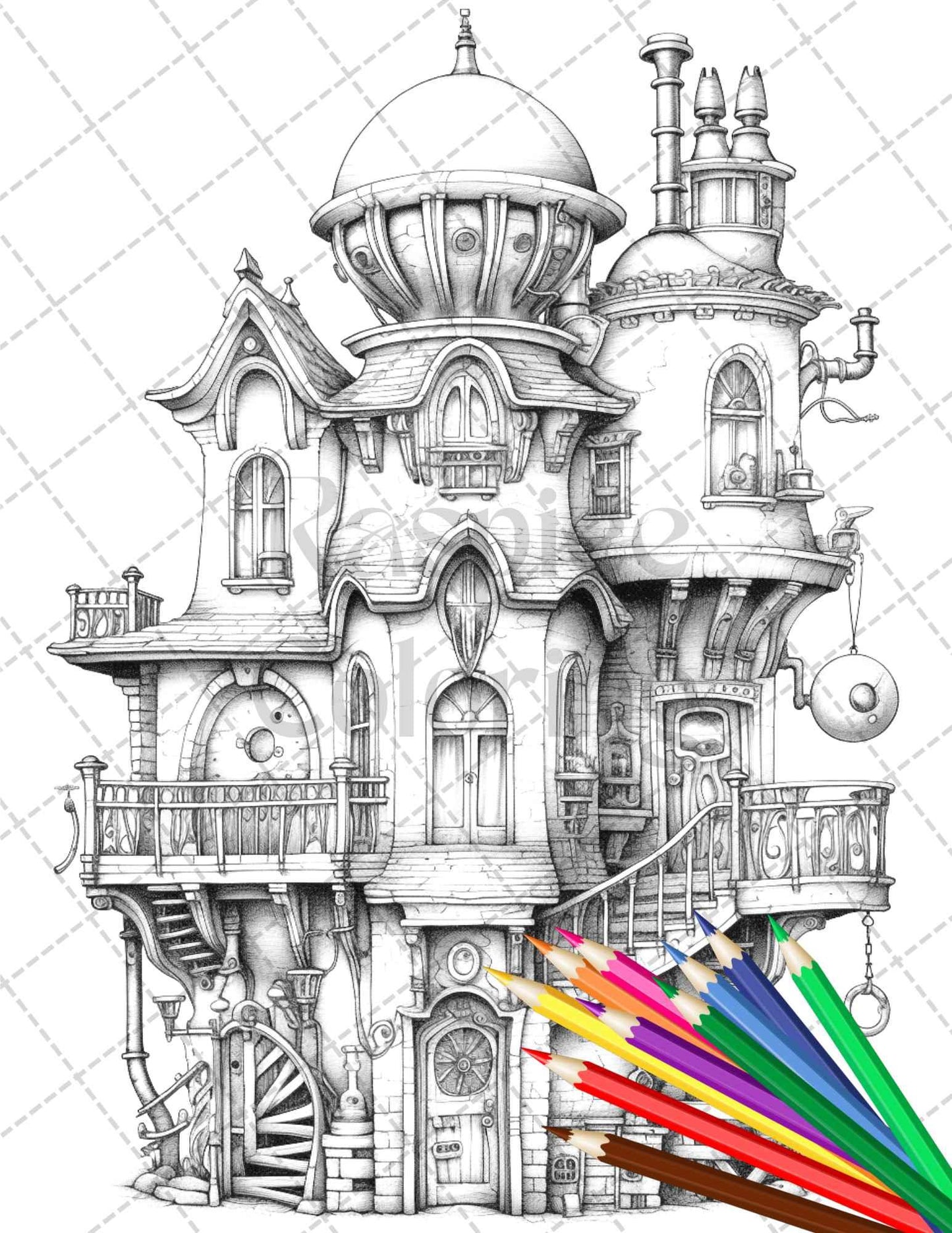 50 Steampunk Houses Grayscale Coloring Pages Printable for Adults, PDF File Instant Download