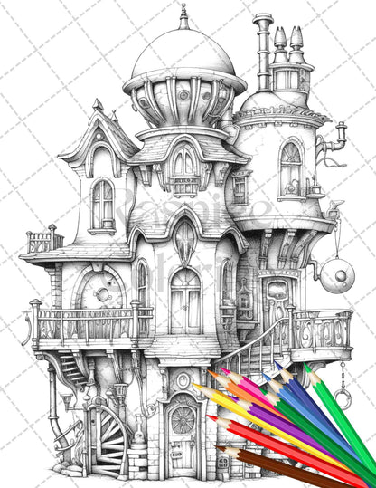 50 Steampunk Houses Grayscale Coloring Pages Printable for Adults, PDF File Instant Download