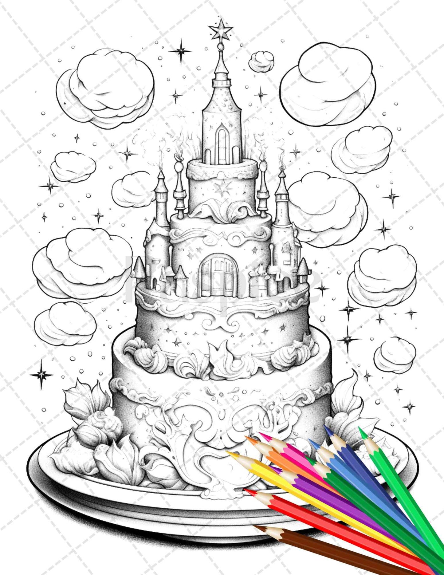 38 Whimsical Cakes Grayscale Coloring Pages for Adults, PDF File Instant Download
