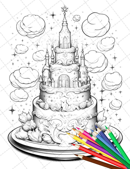 38 Whimsical Cakes Grayscale Coloring Pages for Adults, PDF File Instant Download