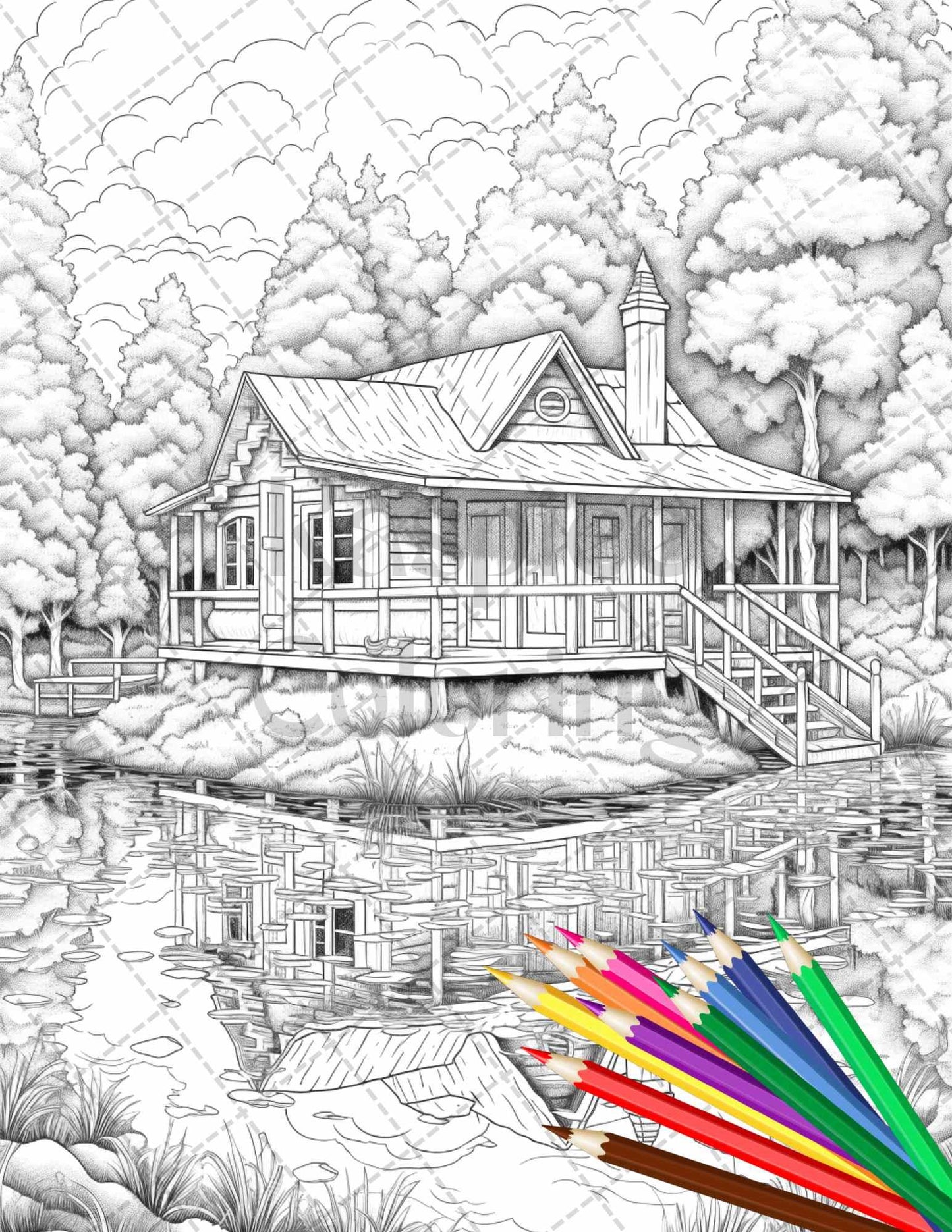 Lake Cabin Scenery Grayscale Coloring Pages Printable for Adults, PDF File Instant Download