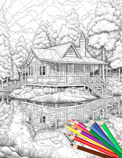 Lake Cabin Scenery Grayscale Coloring Pages Printable for Adults, PDF File Instant Download