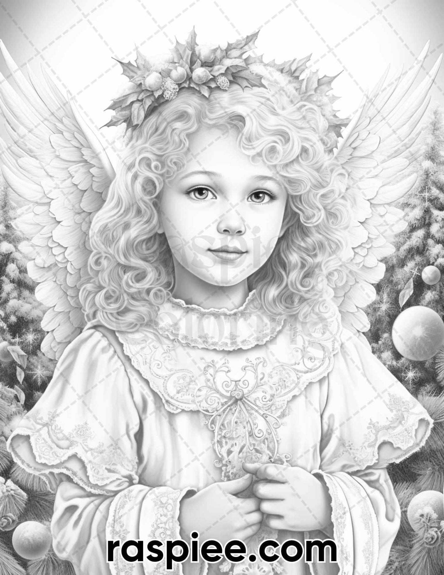 55 Christmas Angel Grayscale Coloring Pages for Adults, Printable PDF Instant Download