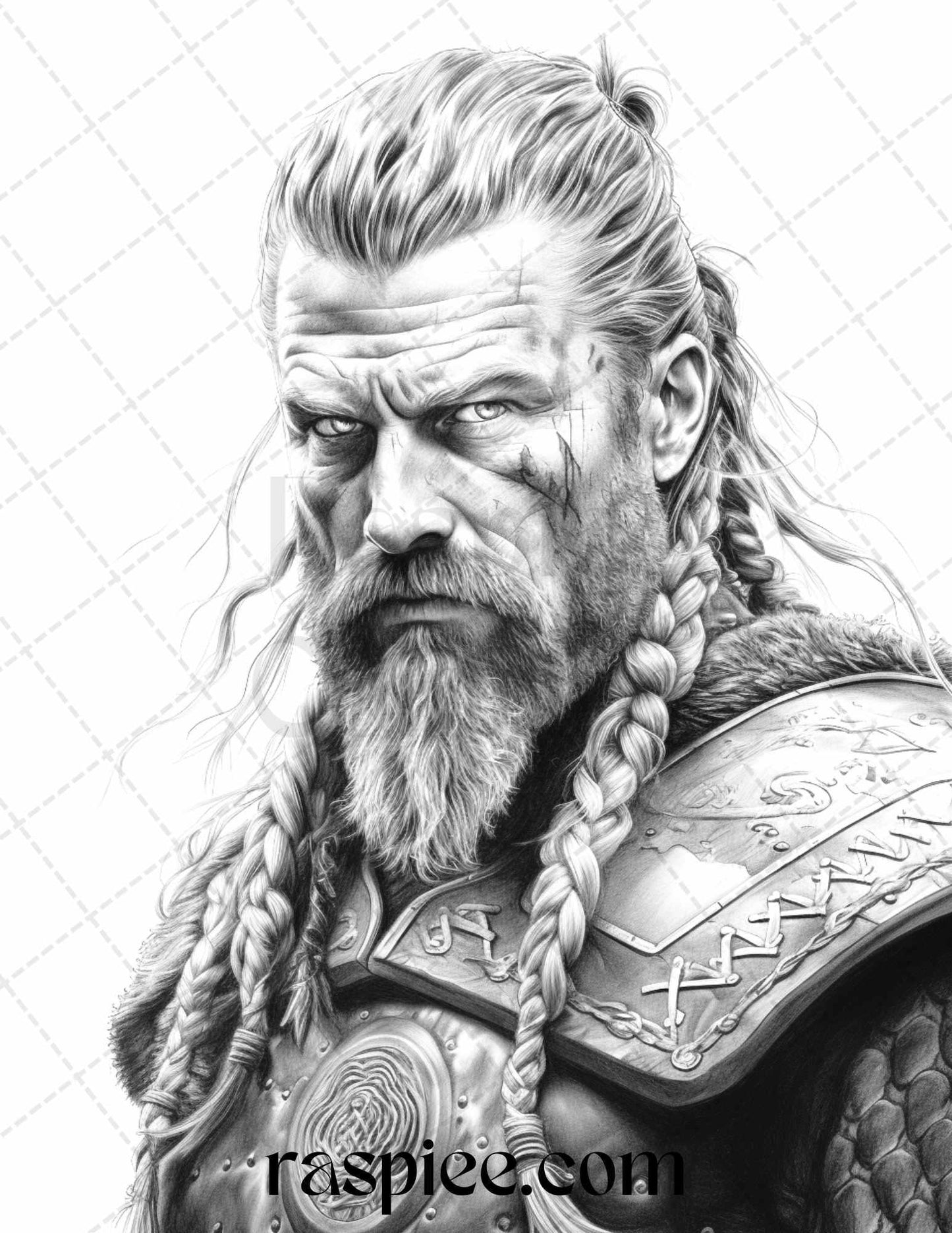 55 Viking Warriors Portrait Grayscale Coloring Pages Printable for Adults, PDF File Instant Download