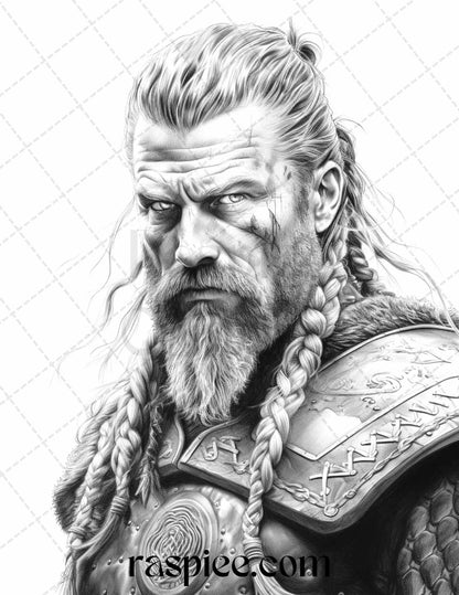 55 Viking Warriors Portrait Grayscale Coloring Pages Printable for Adults, PDF File Instant Download