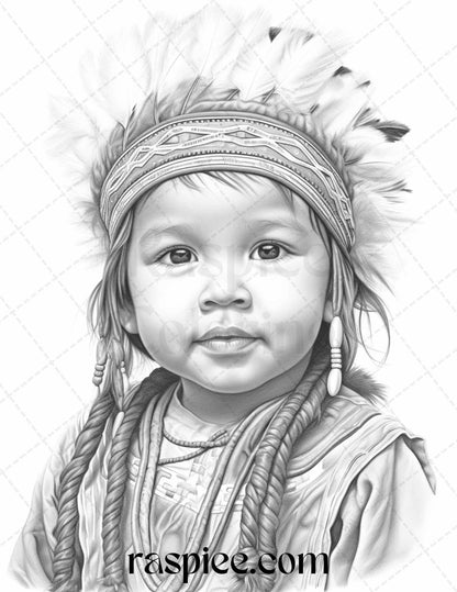 50 Native American Little Girls Boys Grayscale Coloring Pages Printable for Adults Kids, PDF File Instant Download