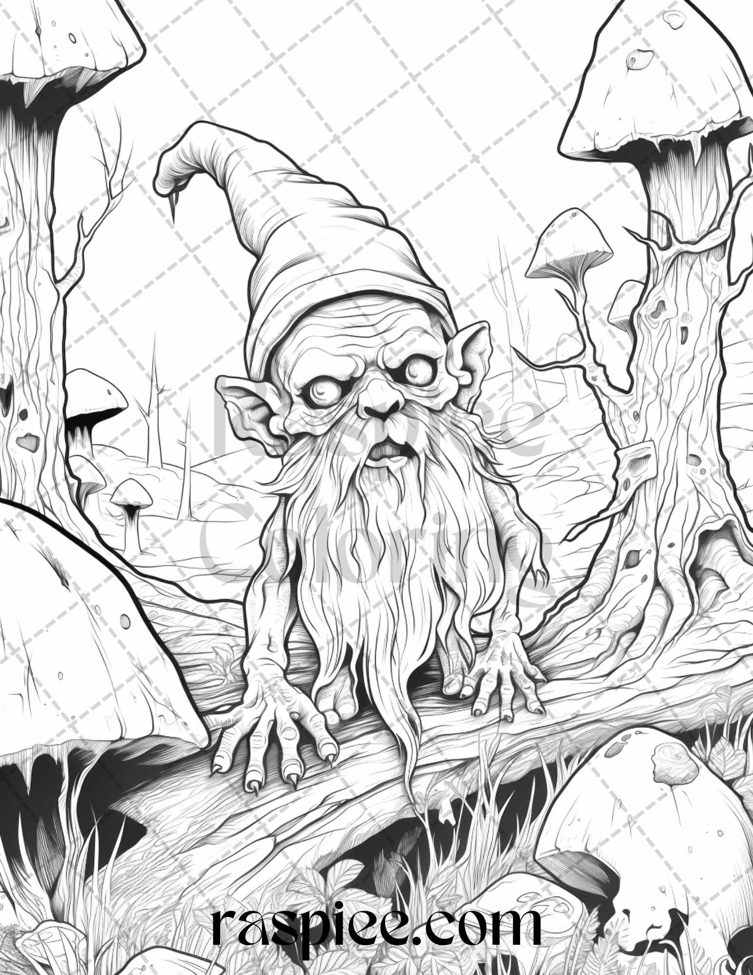 50 Horror Zombie Gnomes Grayscale Coloring Pages Printable for Adults, PDF File Instant Download