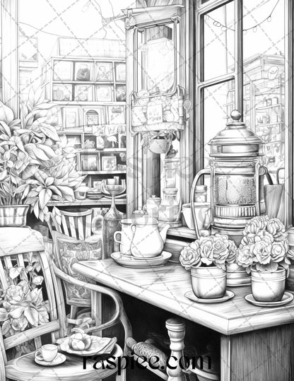 50 Cozy Coffee Shop Grayscale Coloring Pages Printable for Adults, PDF File Instant Download