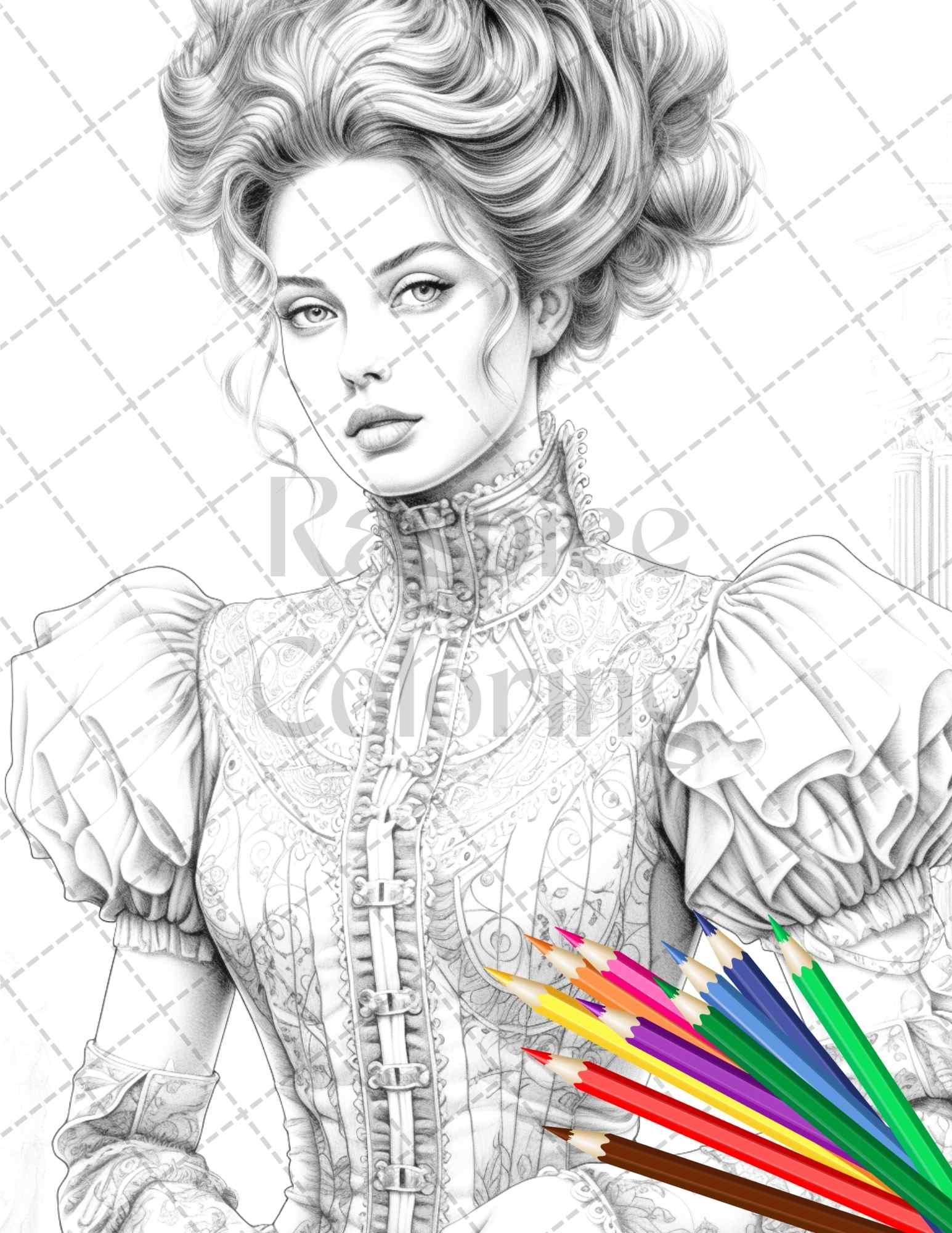 50 Victorian Fashion Grayscale Coloring Pages Printable for Adults, PDF File Instant Download