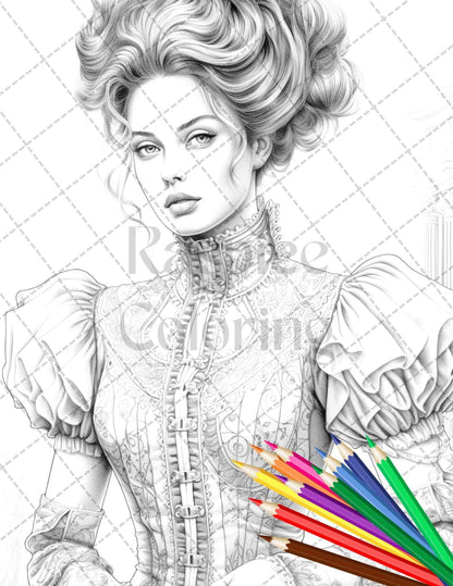 50 Victorian Fashion Grayscale Coloring Pages Printable for Adults, PDF File Instant Download