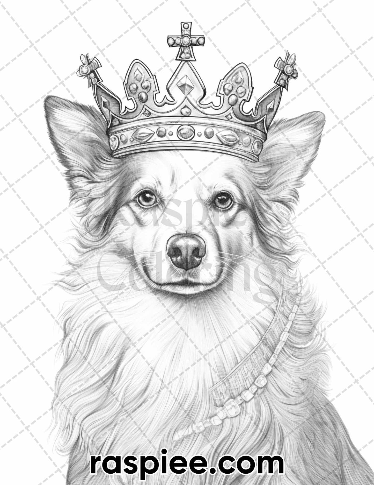 50 Royal King Dog Grayscale Coloring Pages for Adults, Printable PDF Instant Download