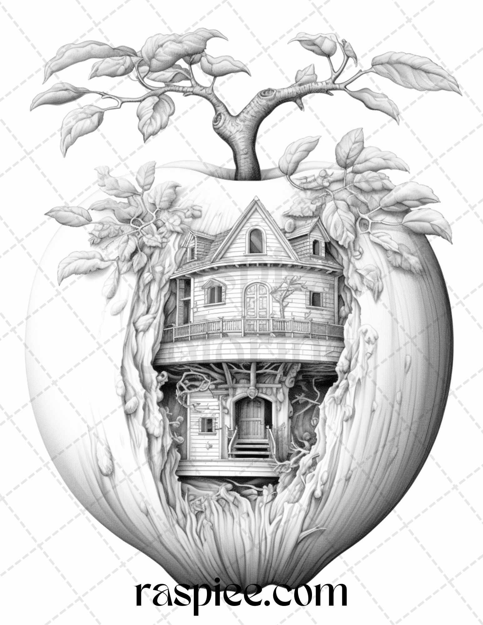 60 Miniworld in the Apple Grayscale Coloring Pages Printable for Adults, PDF File Instant Download