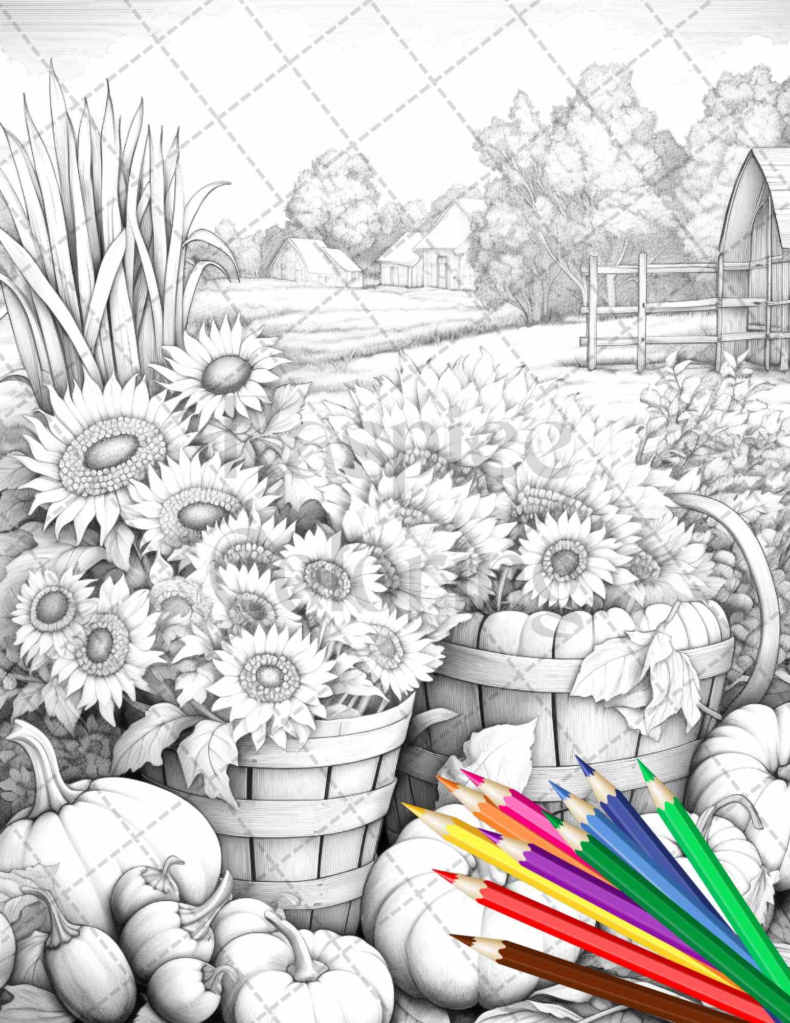 Autumn Harvest Grayscale Coloring Pages Printable for Adults, Relaxing Fall Themed Art, PDF File Instant Download