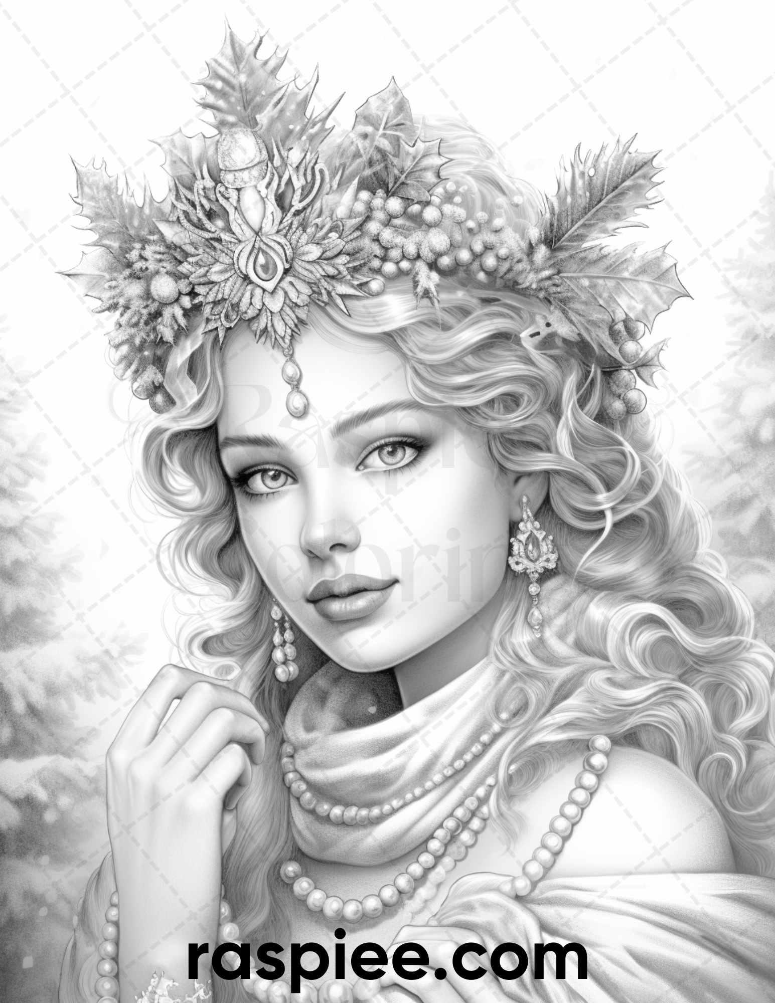 50 Winter Queens Portrait Grayscale Coloring Pages Printable for Adults, PDF File Instant Download