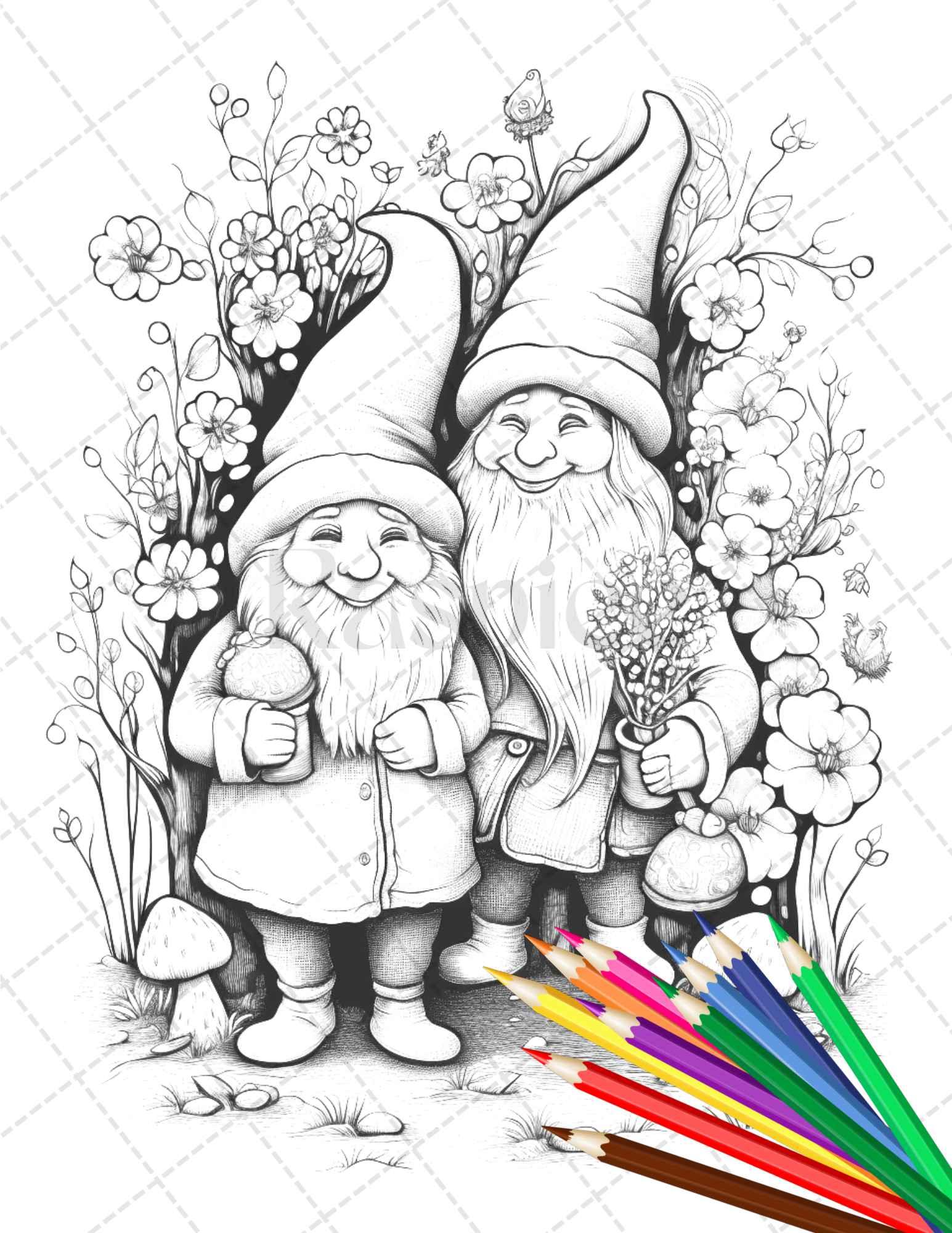 33 Gnome Love Coloring Pages Printable for Adults, Grayscale Coloring Page, PDF File Instant Download
