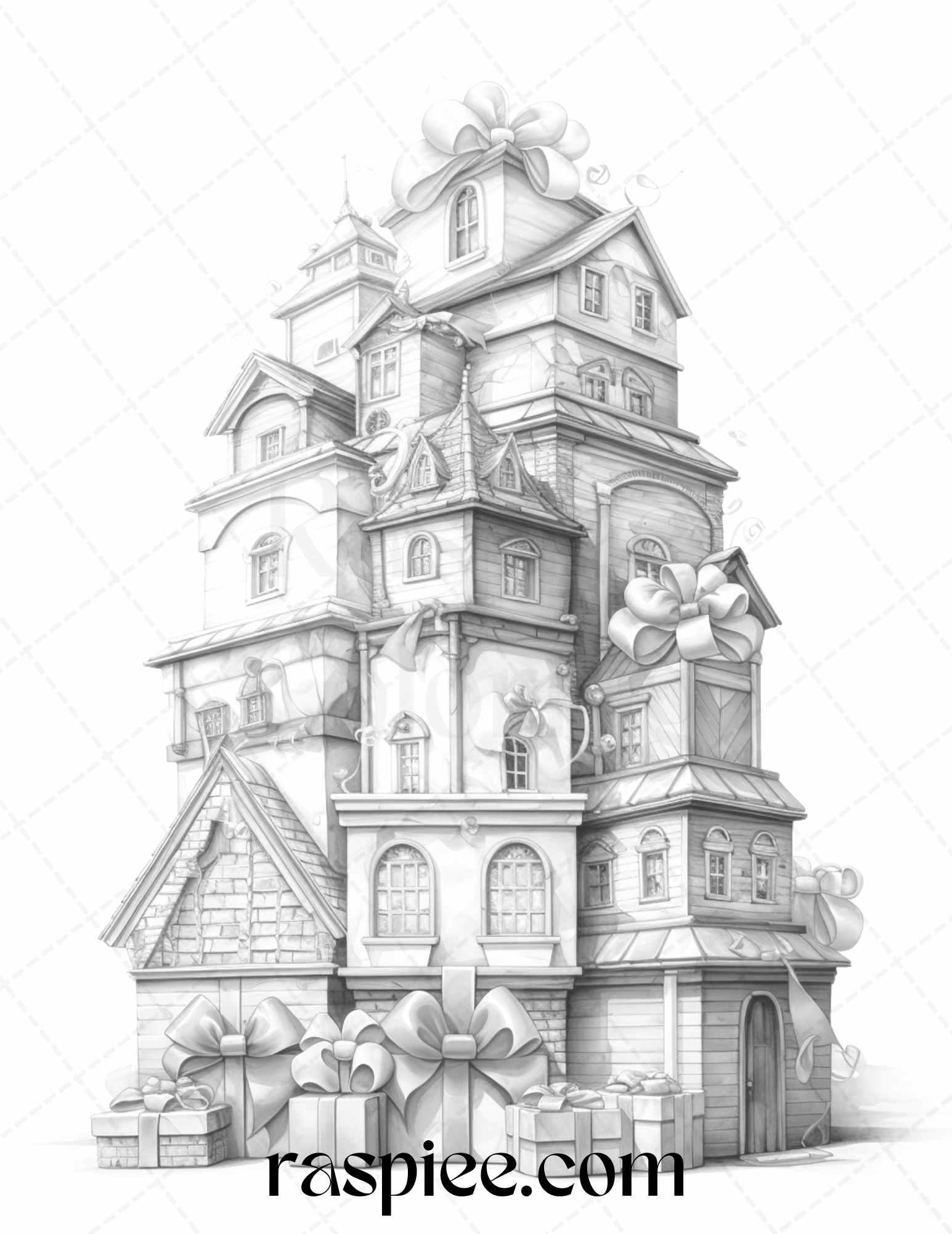 40 Adorable Gift Box Houses Grayscale Coloring Pages Printable for Adults Kids, PDF File Instant Download