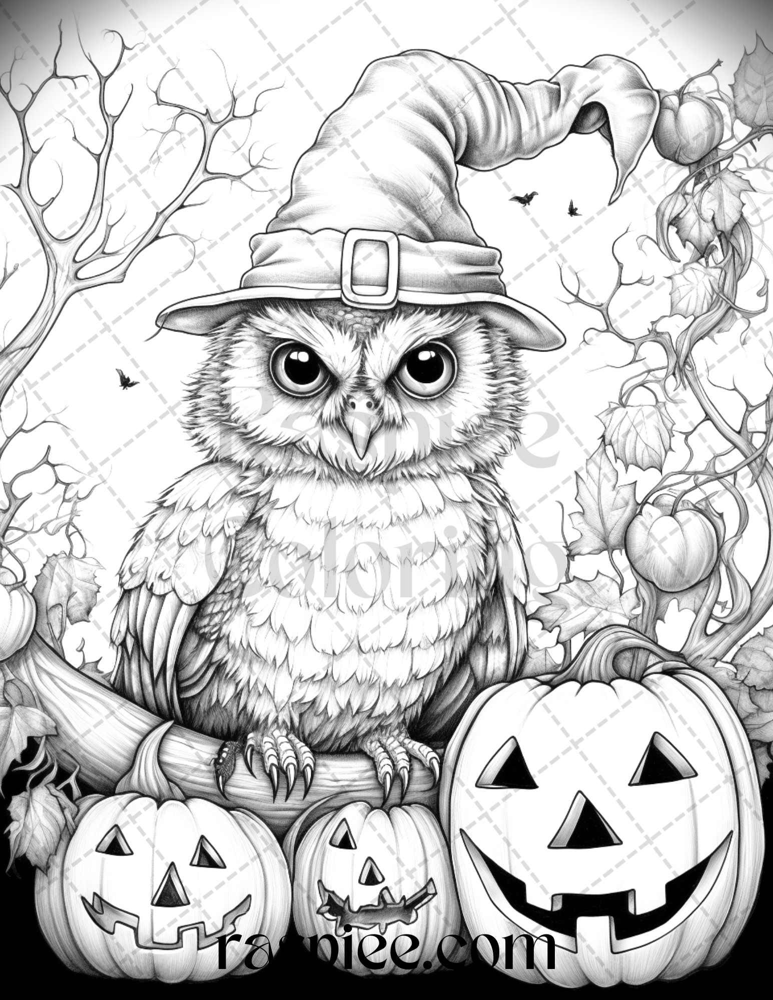 Halloween Witch Owl Grayscale Coloring Pages for Adults and Kids, Printable PDF Instant Download