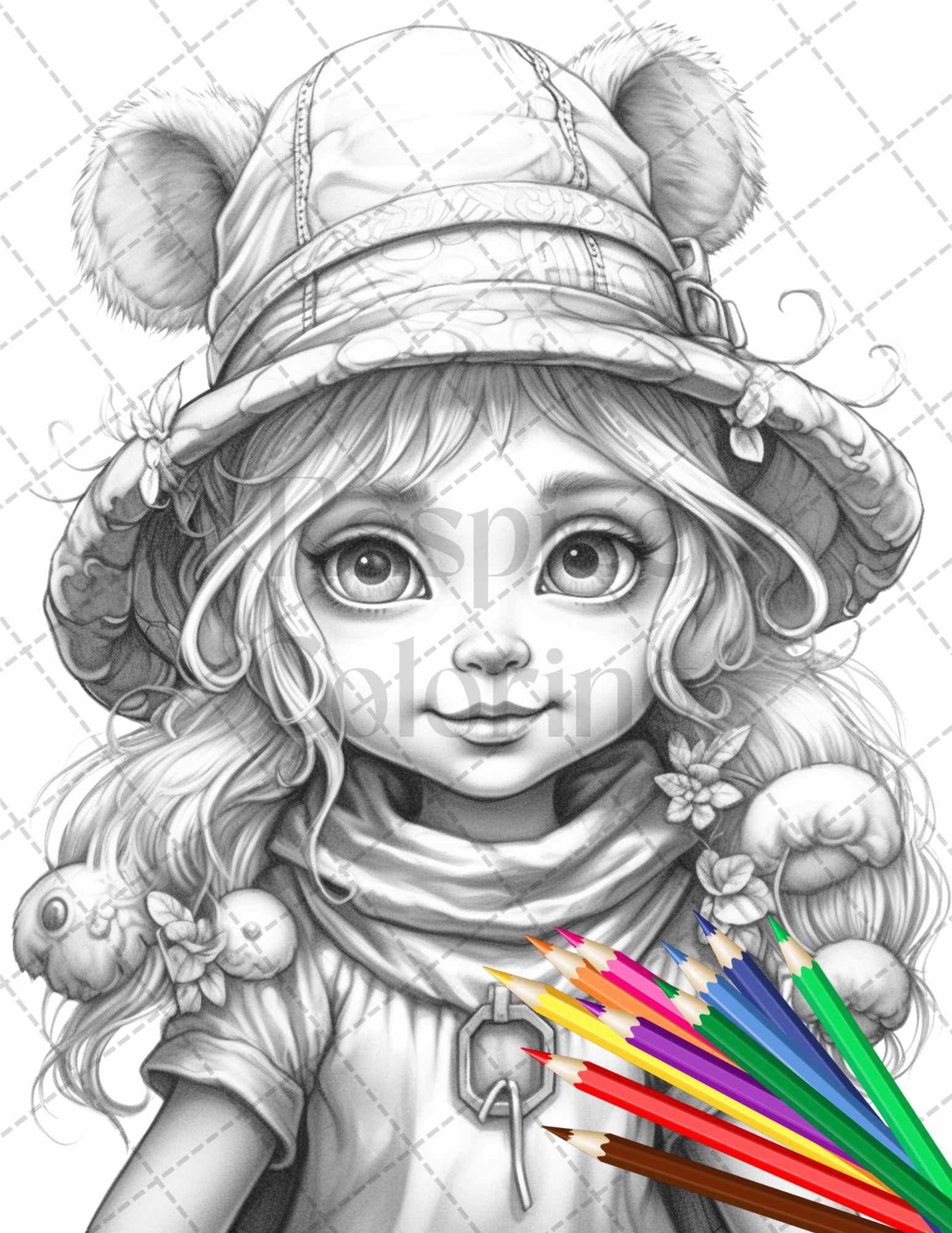 41 Adorable Gnome Girls Grayscale Coloring Pages Printable for Adults and Kids, PDF File Instant Download