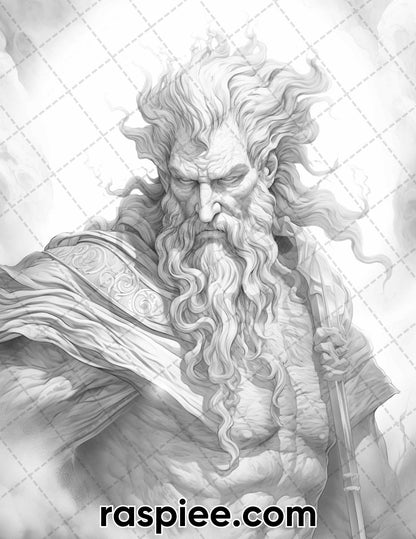 52 Mythology Gods Grayscale Coloring Pages for Adults, Printable PDF Instant Download