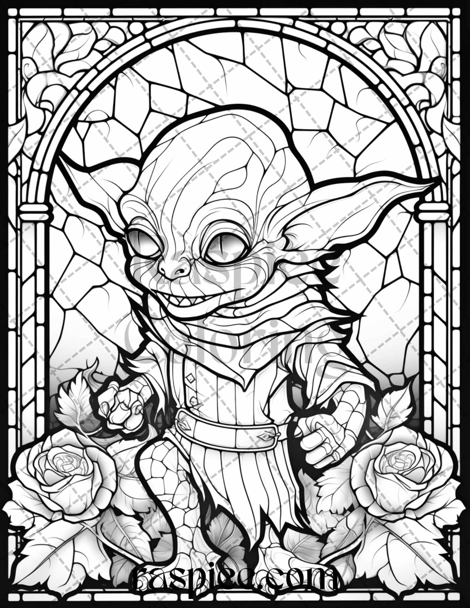 70 Halloween Stained Glass Grayscale Coloring Pages Printable for Adults, PDF File Instant Download