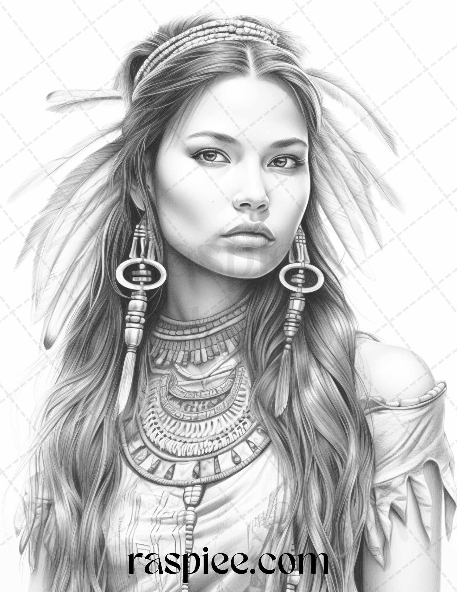 Native American Portrait Grayscale Coloring Pages Printable for Adults, PDF File Instant Download
