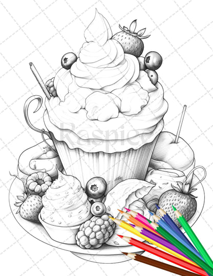 36 Sweet Desserts Coloring Pages Printable for Adults, Grayscale Coloring Page, PDF File Instant Download