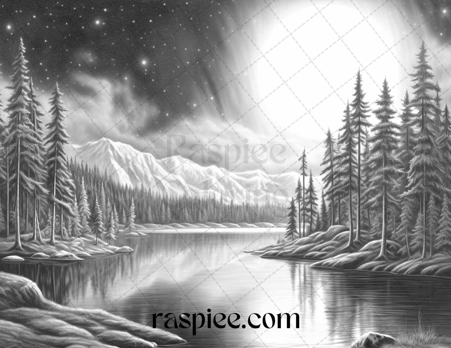 Aurora Borealis Landscape Grayscale Coloring Pages for Adults, Printable PDF File Instant Download
